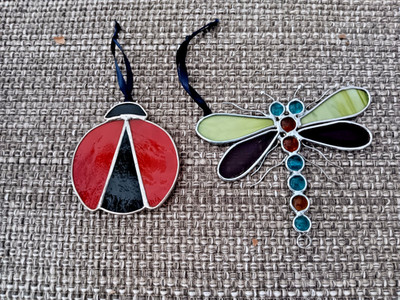 Set of 2 Stained Glass Suncatchers Window Hangings Dragonfly & Ladybug