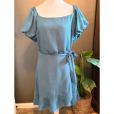 Trixxi Wrap Dress Womens Large Blue Excellent Puff Sleeve Ruffle Hem Mini