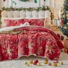 3pcs Fluffly Sherpa Comforter Set King, Christmas Golden King- 100"x88" Red