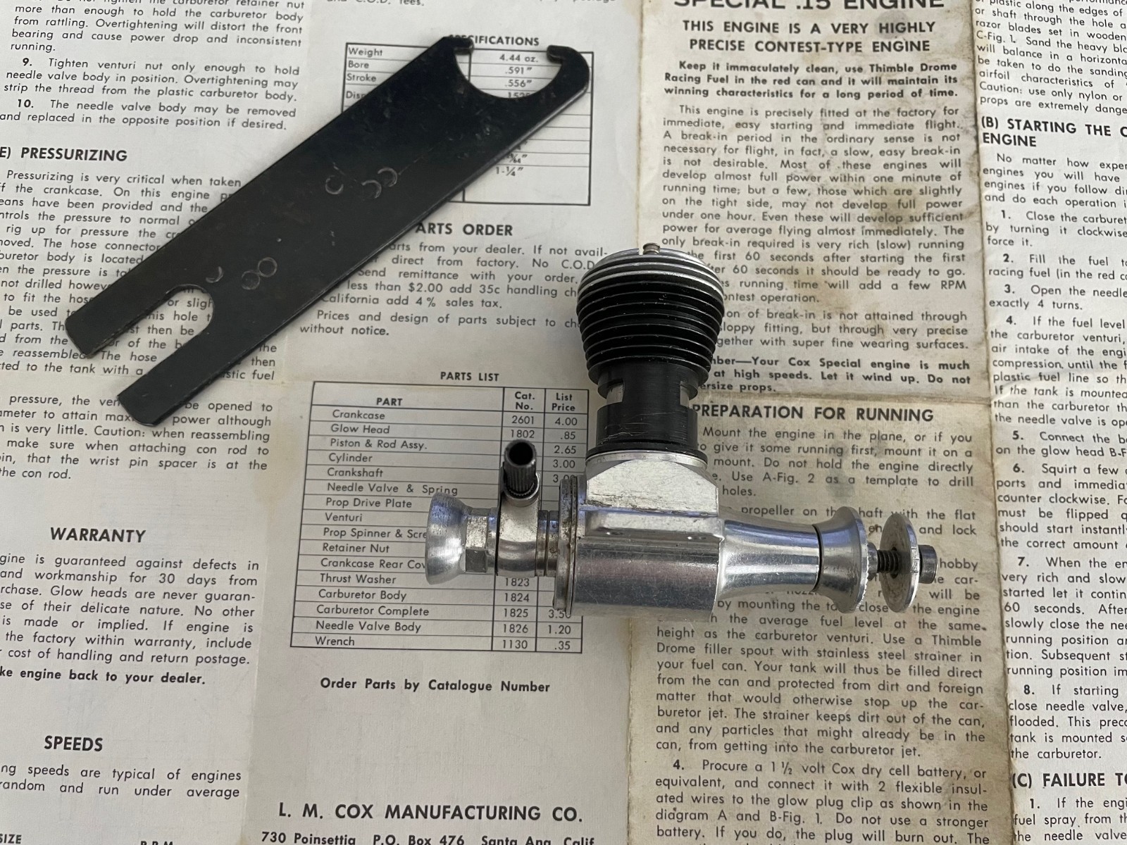 "Cox Sportsman .15" Engine with Instructions and Wrench