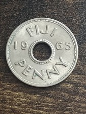 1965 Fiji 1 One Penny AU Uncirculated Elizabeth ll Holed Actual Coin TC1515*