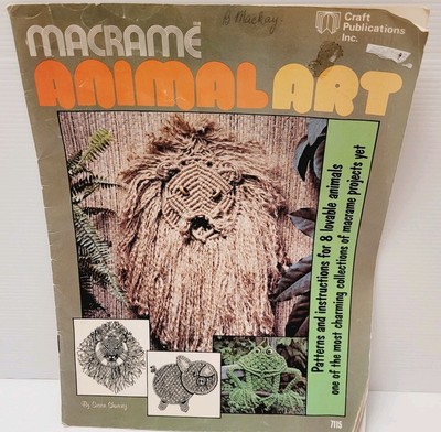 Macrame Pattern Animal Art Frog Cat Pig Lion Giraffe Elephant Poodle C 1976 VTG