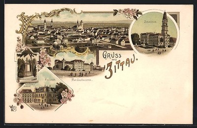Lithographie Zittau, Totalansicht, Johanneum, Mandaukaserne, Postamt 