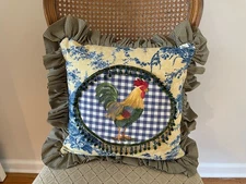 French Country Pillow with Hand-painted Rooster and Toile by Angela Resendiz
