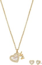 MICHAEL KORS SET OF GOLD TONE CRYSTAL MOP HEART SHAPE MK NECKLACE & EARRINGS+BOX