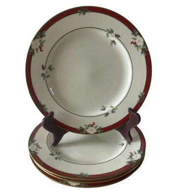 4 Lot Pfaltzgraff Bone China Yuletide Dinner Plate 10  Christmas Floral Red Gold
