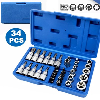 34Pcs Torx Star Sockets & Bit Set Male / Female E- Security Bits Drive Handheld