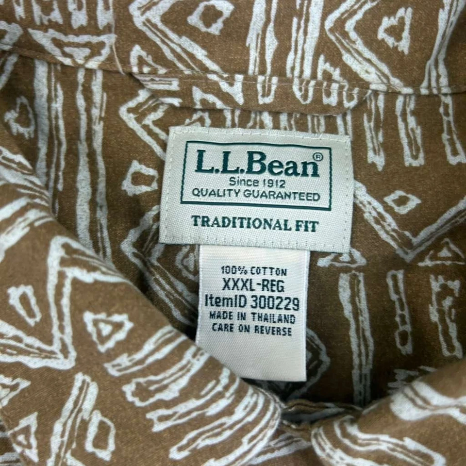 LL Bean Shirt Mens XXXL Brown Aztec Traditional Fit Short Sleeve Button Up - Image 2 of 4