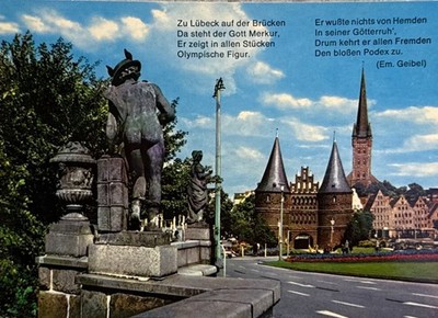 Postcard postcard - Hanseatic city of Lübeck - God Mercury on the Doll Bridge