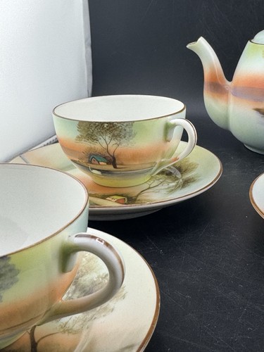 Vintage Noritake Morimura Small Hand-Painted Scenic Tea Set Cabin On Lake - Picture 6 of 18