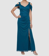 Alex Evenings Women's Blue Embellished Draped Cold Shoulder Gown Dress Size: 14