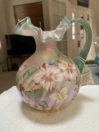 Fenton Champagne Satin Pitcher With Sea Mist Green Edge-Bill Fenton Signature