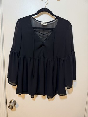 Show Me Your Mumu S Black Peplum Sheer Tie Front Blouse Lightweight