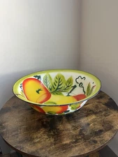 Vintage Porcelain Enamel Ware Metal Large Bowl Wash Basin Fruit Hand Stencil