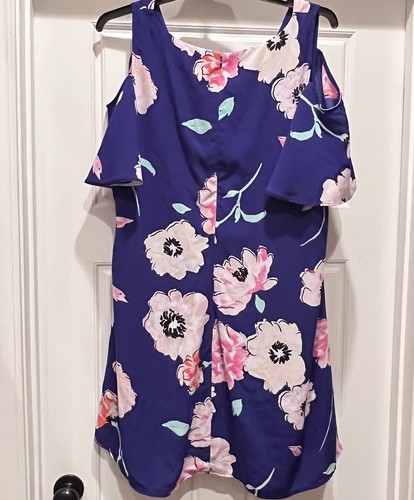 Kaari Blue Curvy Dress Plus Size 2X Blue Pink Cold Shoulder Lined Flowy - Picture 8 of 10