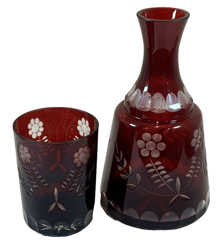 Vintage Bohemian Czech Glass Tumble-Up Bedside Water Carafe Ruby Cut to Clear