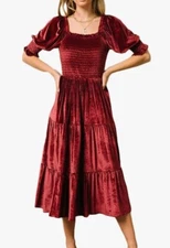 Baltic Born Vivaldi Smocked Velvet Puff Sleeve Midi Dress Size 1X Tiered Skirt 