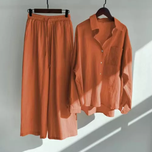 Women Lady Summer Solid Color Cotton Linen Suit Lapel Long Sleeve Top Leg Pants - Bild 25 von 42