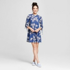 3Hearts Dress Juniors Medium Tie Sleeve Floral Blue A Line Poly Spandex NEW