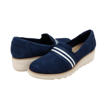 Clarks Sharon Bay Loafer Women's Navy Blue Suede Slip On Wedge Casual  Shoes