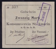 Francja Francja Francja Alzacja św. Amaryna: 20 marek ok. 1914 - Stowarzyszenie Konsumenckie - remboursé