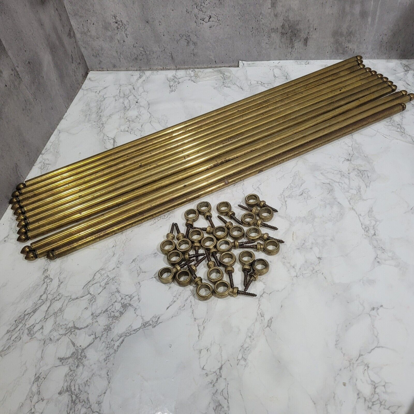 Set of 12 Vintage Brass stair carpet rods with brackets for stair runners