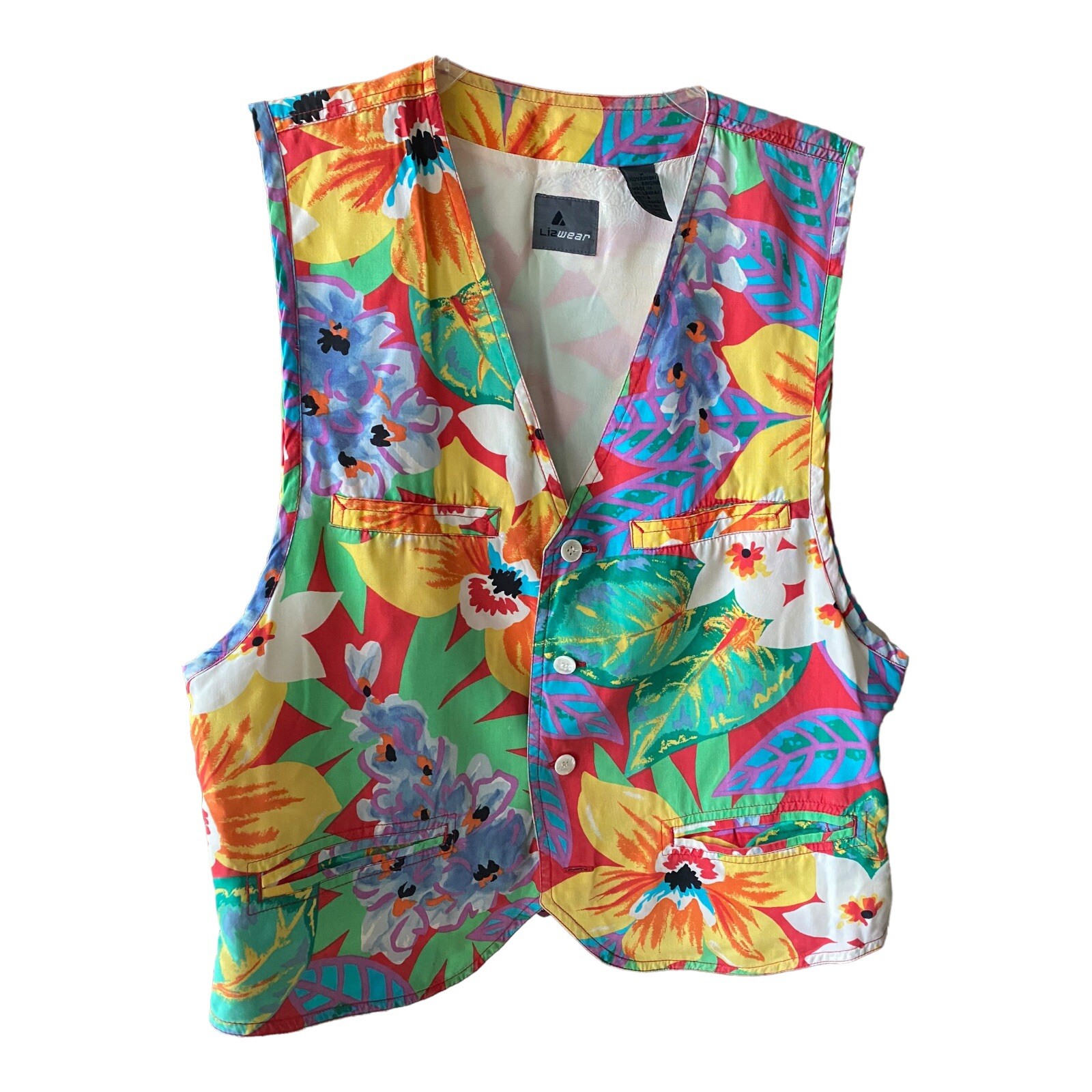 Lizwear Vintage Womens Floral Vest Tropical Colorful Button Front M
