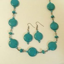 Howlite Necklace Earrings Set Turquoise Blue Beaded Handcrafted Silver Metal New