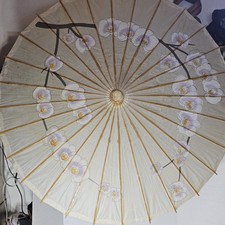Vtg Hand Painted Floral Chinese Bamboo Rice Paper Wood Umbrella 32" 28 ribs
