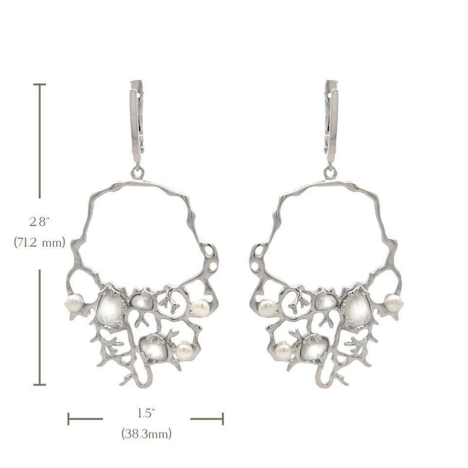 Brincos de argola de coral orgânico prata 925 madrepérola e pérolas brancas - Imagem 4 de 4