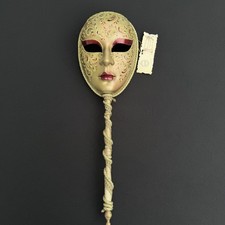 Maschere Veneziane Hand Painted Venetian Masquerade Mask Stick Large Gold Red