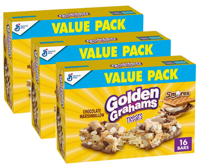3x Golden Grahams Cereal Treat Bars, S'mores, Snack Bars, Value Pack, 16 Count