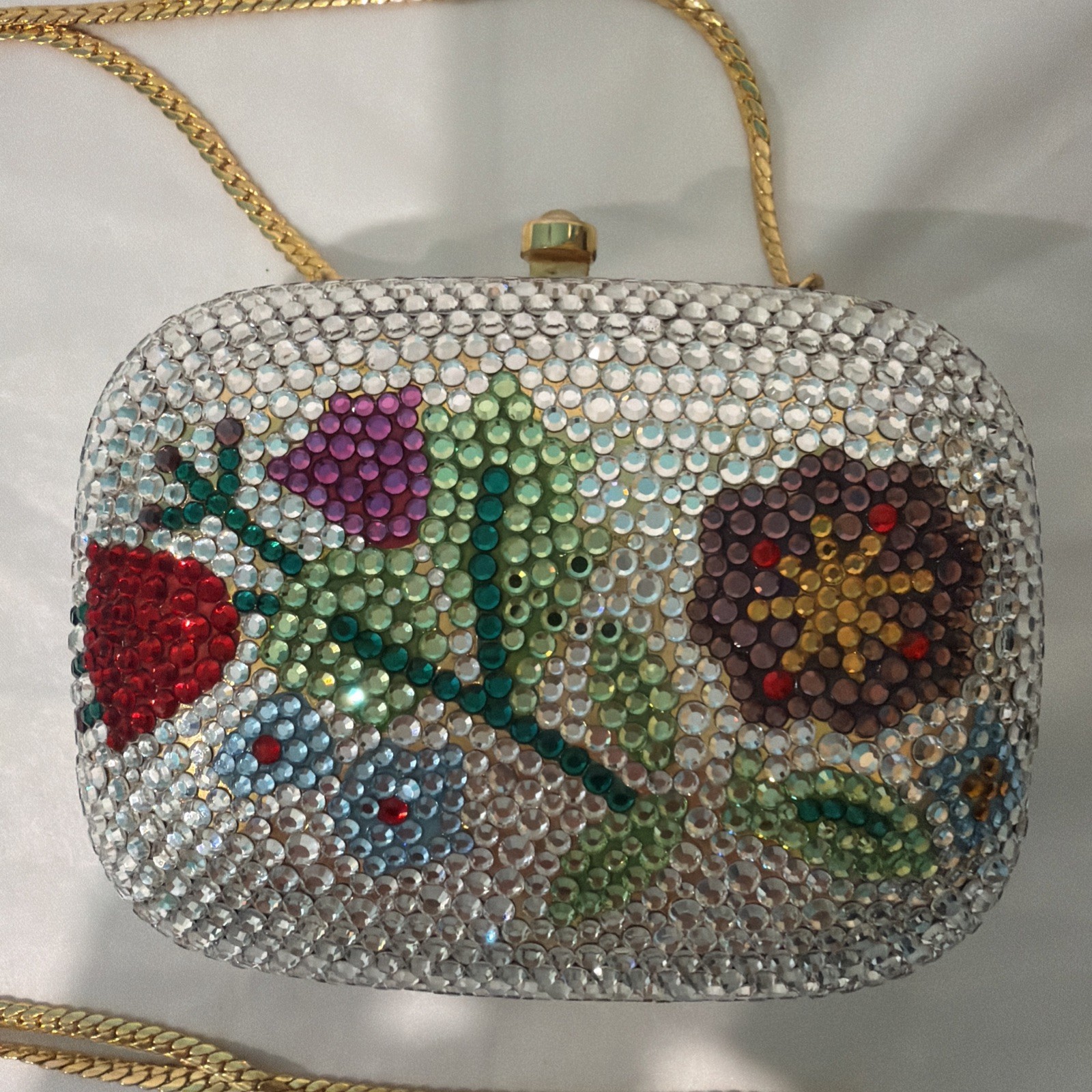 Y&S Original floral crystal minaudière clutch with gold chain