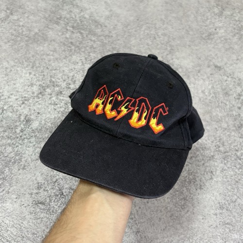 AC/DC Vintage 90s Flame Big Logo Faded Y2K Black SnapBack Cap Hat Men’s Size OS