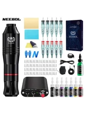 Wired Tattoo Gun Kit,Rotary Tattoo Pen Power Supply,10 Cartridge Needles,7 Inks
