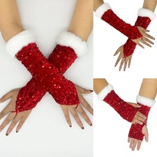 Women Fingerless Gloves Red White Sparkling For Cosplay Dancing Party Events