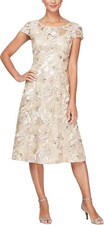 Alex Evenings Short Embroidered Cocktail Dress, Light Champagne, Size 8
