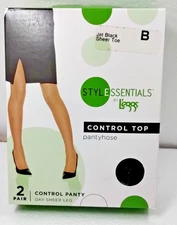 L'eggs Stylessentials Control Top Pantyhose Sz B Jet Black Sheer Toe 2 Pairs NIB