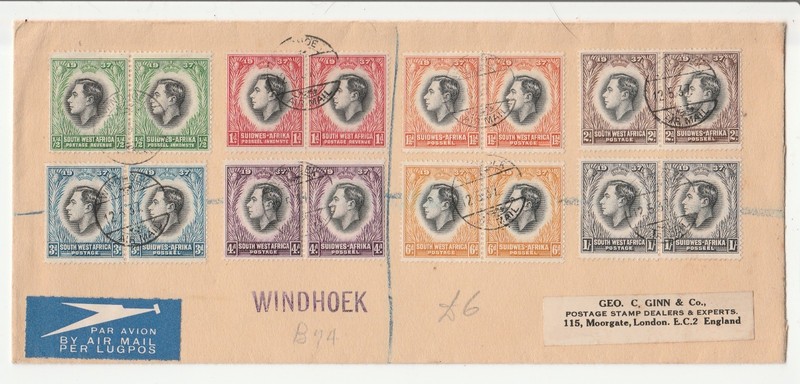 South West Africa 'Air Cover' Scott # 125-132 To: London "12.5.37"