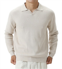 Men Knit Polo Sweater V-Neck Long Sleeve Textured Pullover Fall Sweaters Shirts