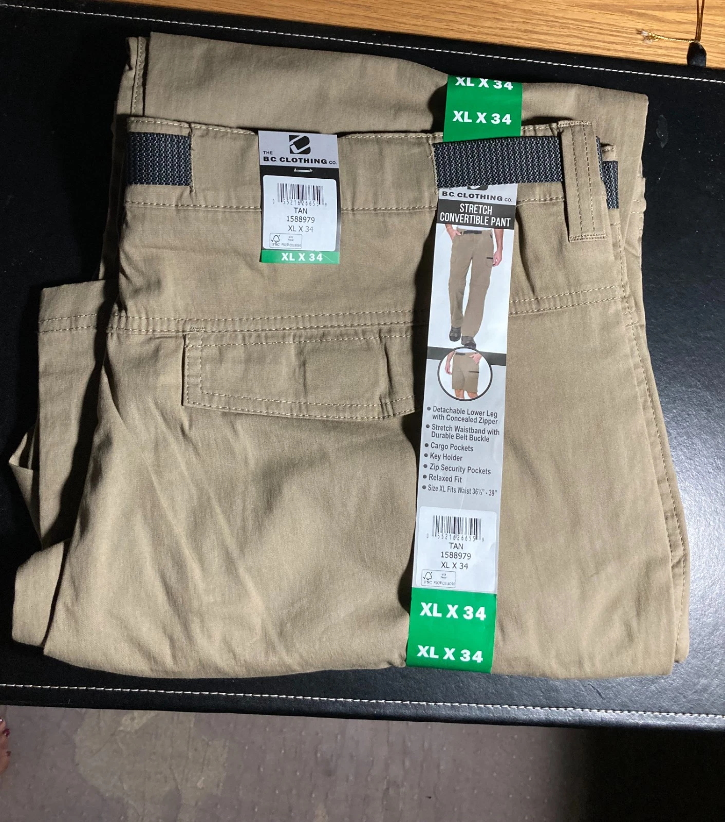 BC Clothing Men's Stretch Convertible Pants/Shorts, Size: XL x 34, Tan