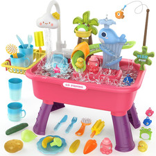 4-In-1 Electric Water Table Toy for Toddlers 1-3,Color Changing Kitchen Play Sin