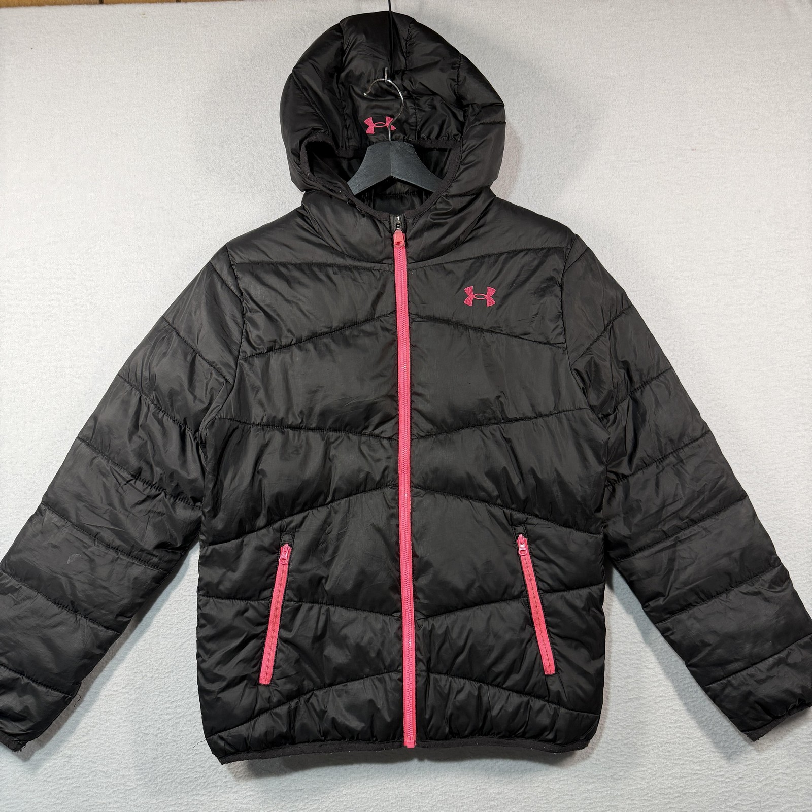 Under Armour Jacket Girls XL Black Hooded Puffer ColdGear Fu