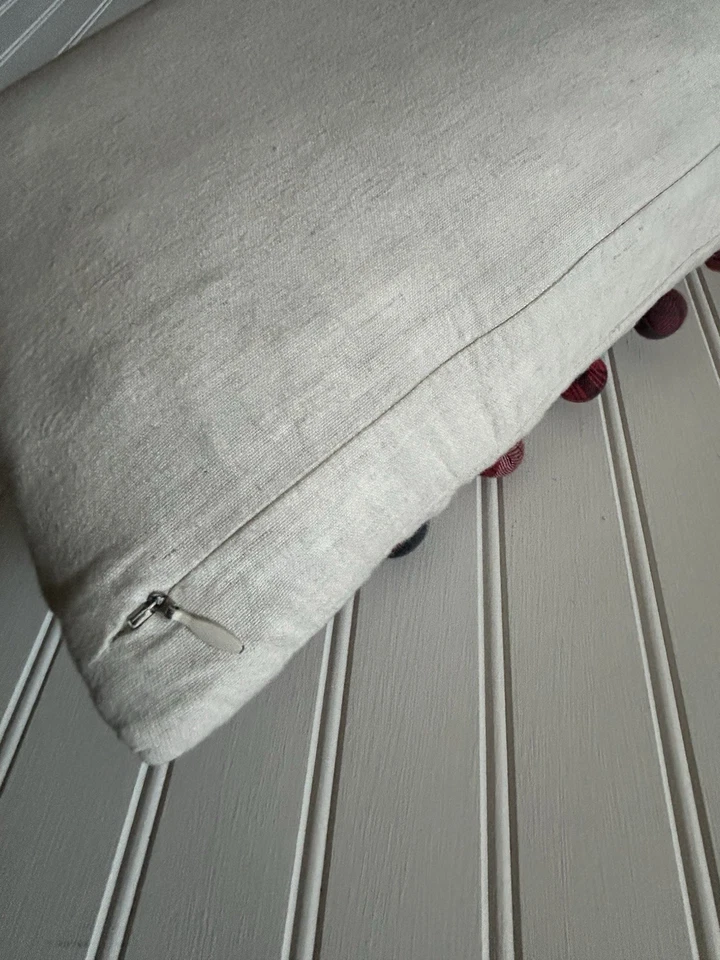 Pottery Barn Christmas Plaid Pom Pom Lumbar Pillow With Feather Insert 12x16 - Image 4 of 4