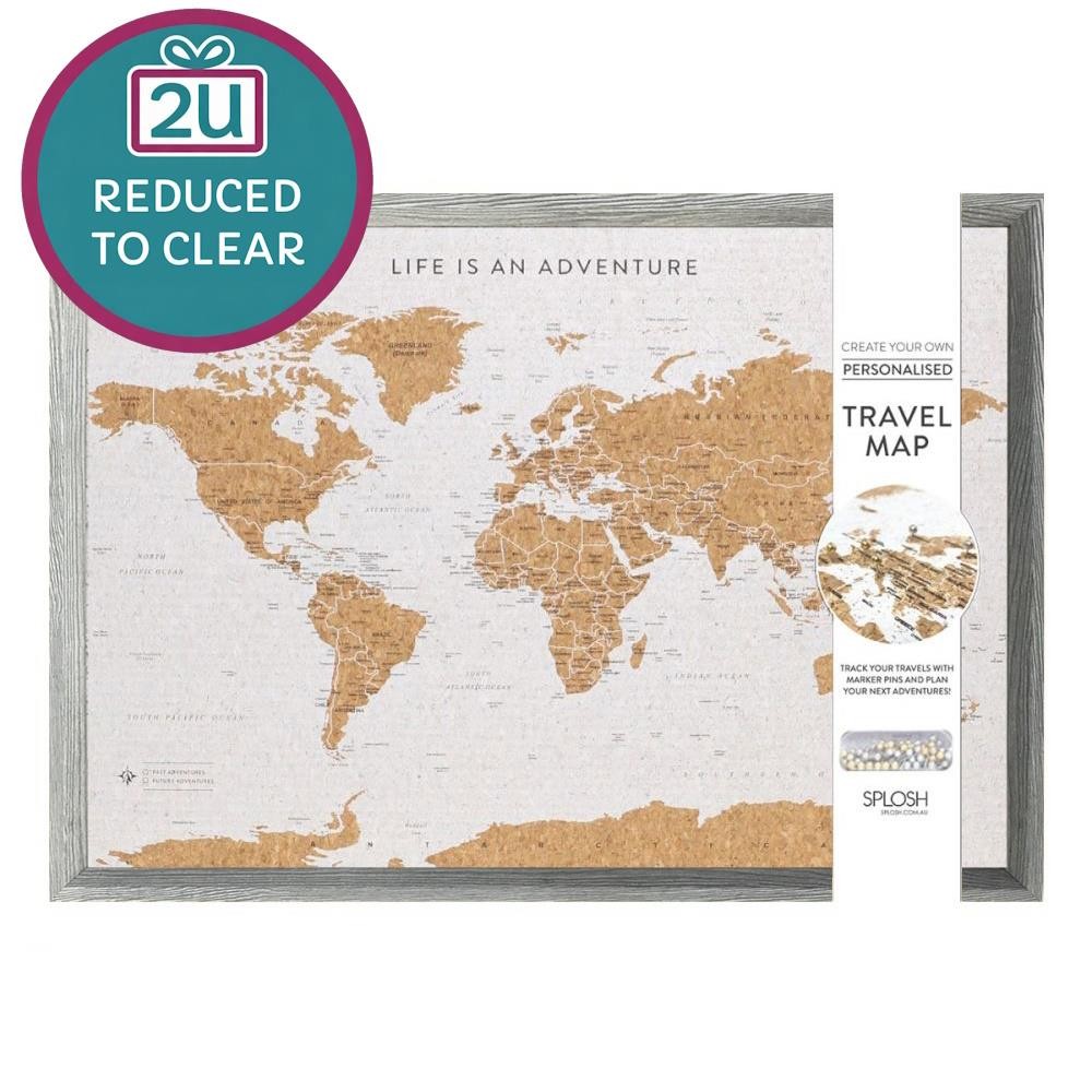 Clearance Travel Cork Board World Map 100 Pins Splosh Grey Framed 93.5 x 64.5cm