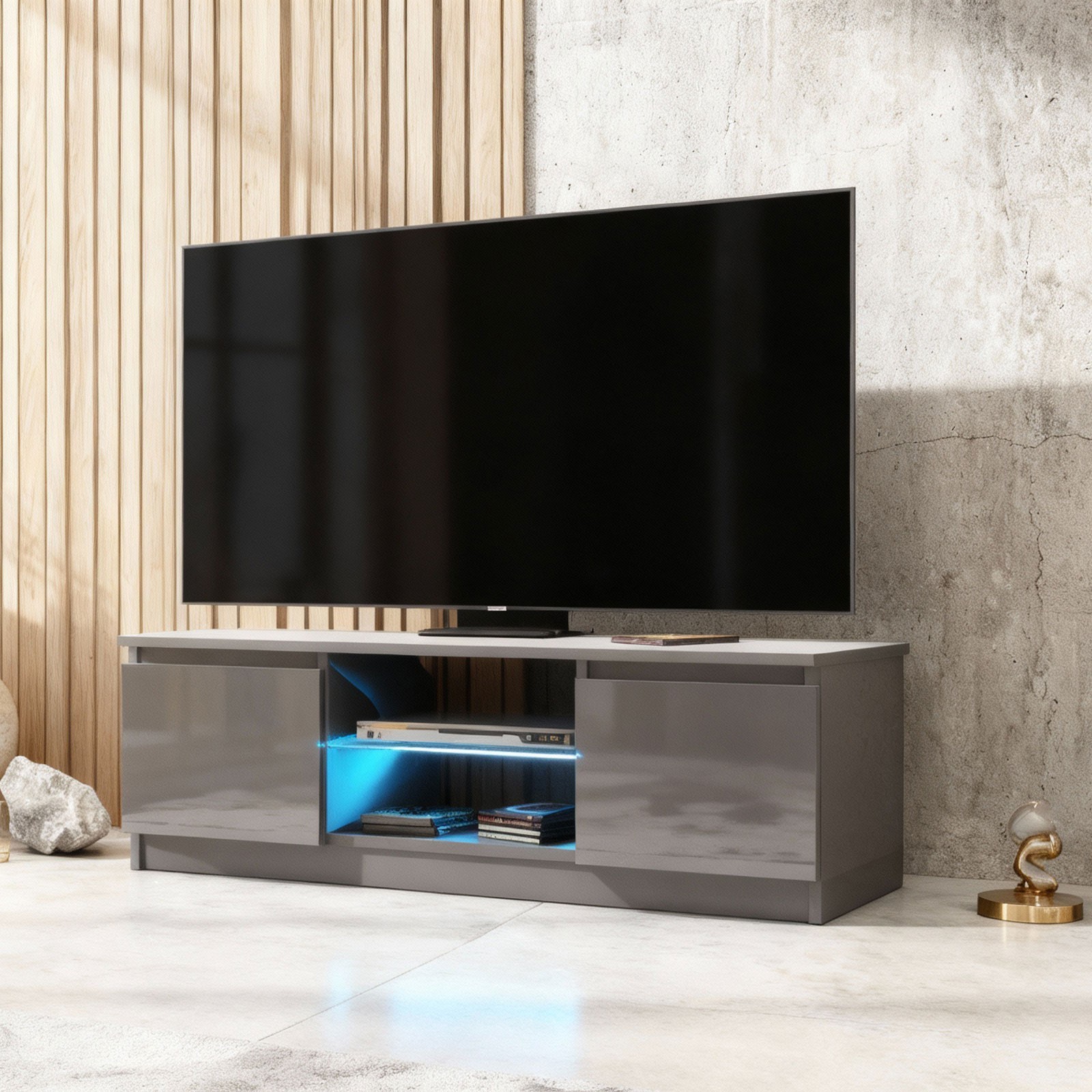 TV Unit Sideboard Cabinet TV Stand Grey Gloss LED Media Storage Console 120cm