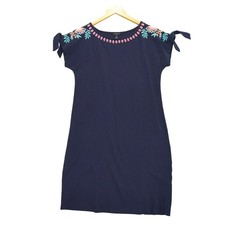 Talbots Petite Navy Embroidered Floral Tie Sleeve Cotton Dress M