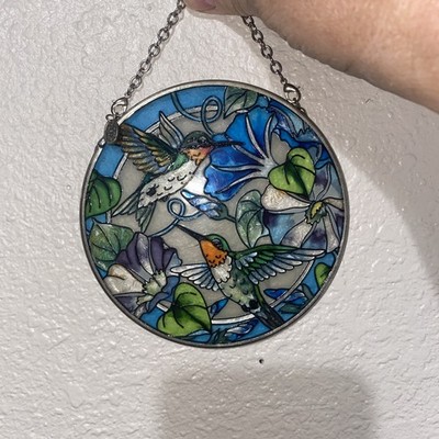 Amia Stained Glass Suncatcher Two Hummingbirds & Floral 4.5''