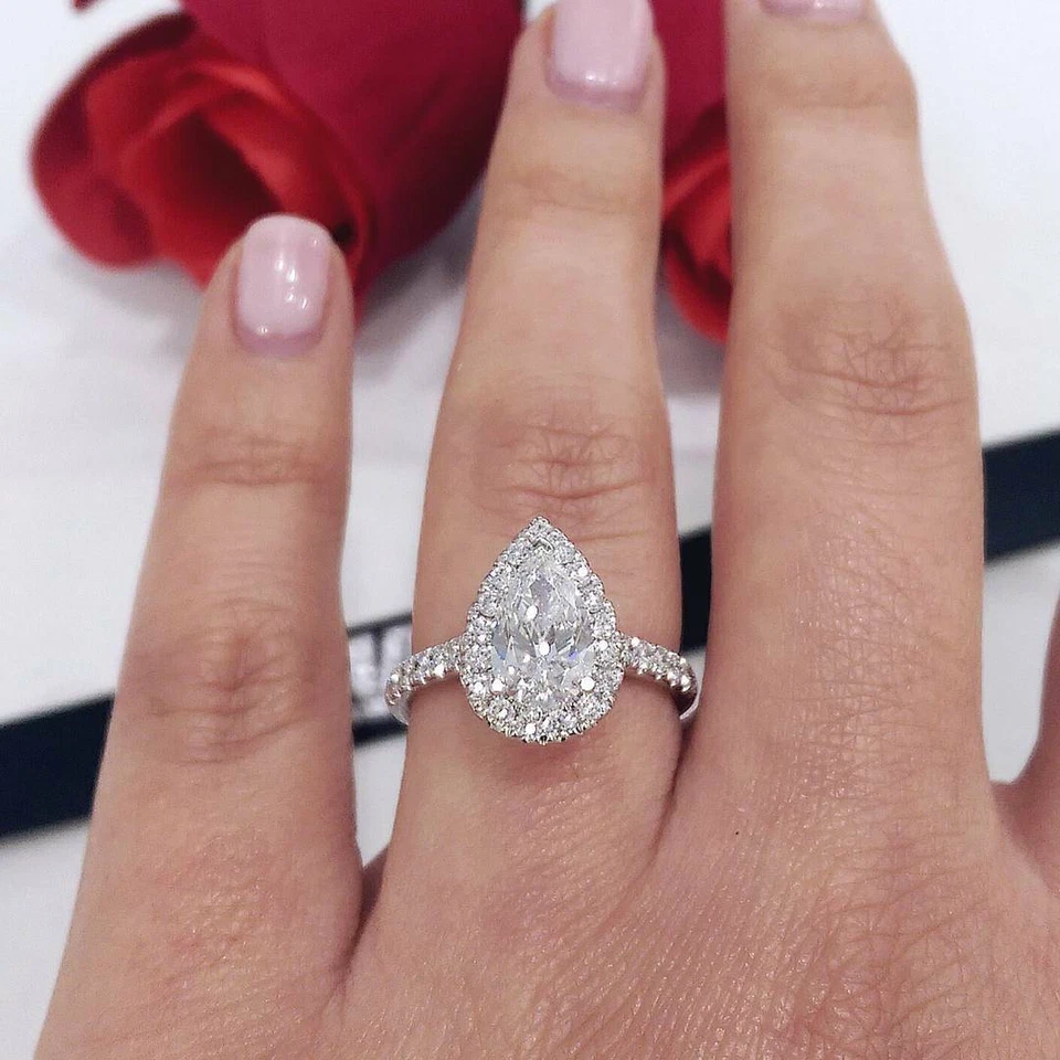  2.70 Ct Halo Pear Cut Brilliant Diamond Engagement Ring E,SI1 GIA Certified 14K - Image 2 of 3