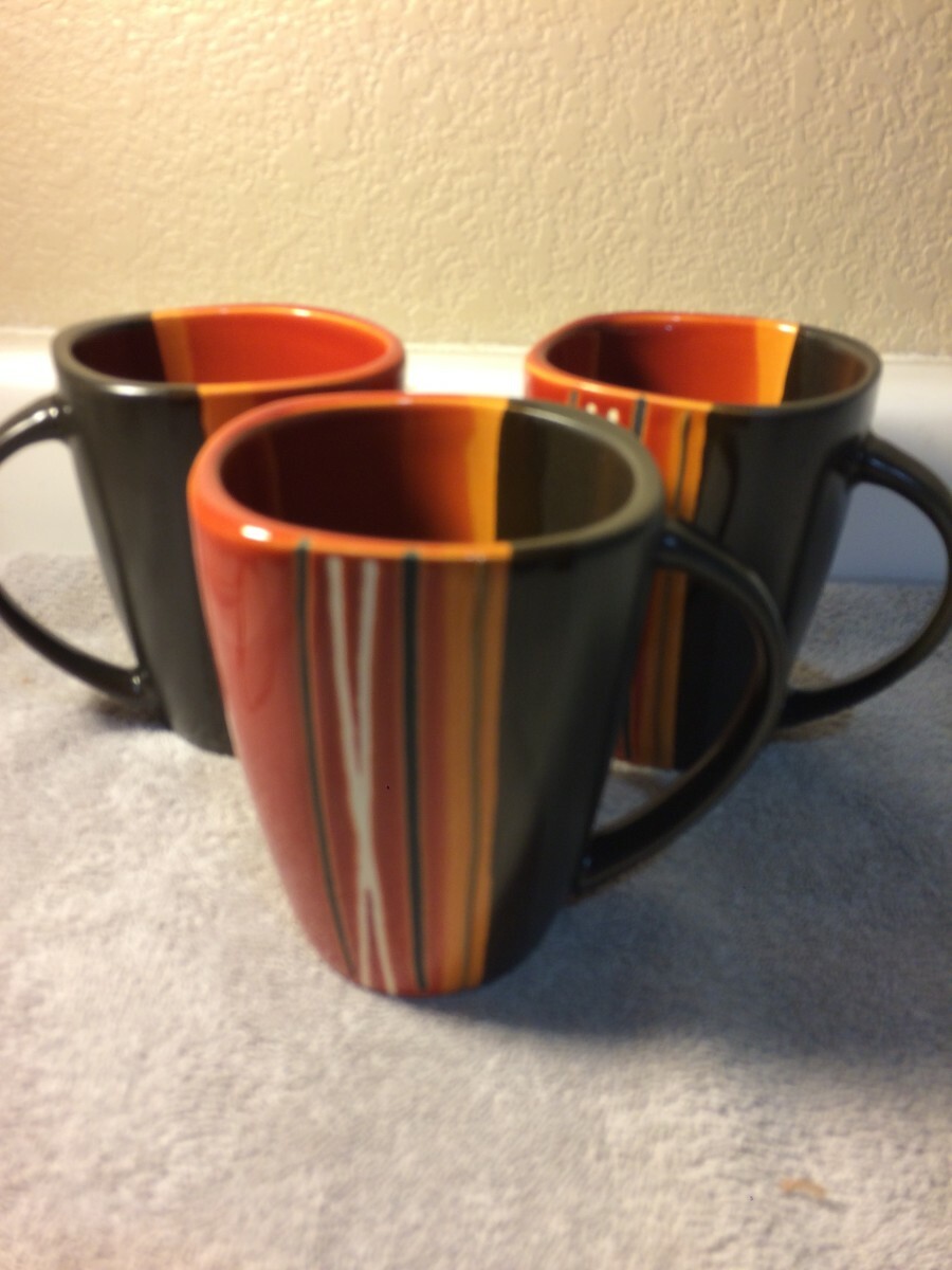 (3) HOME TRENDS--COFFEE MUGS CUPS--BAZAAR RED--orange STRIPED--FREE SHIP--VGC (3) HOME TRENDS--COFFEE MUGS CUPS--BAZAAR RED--orange STRIPED--FREE SHIP--VGC